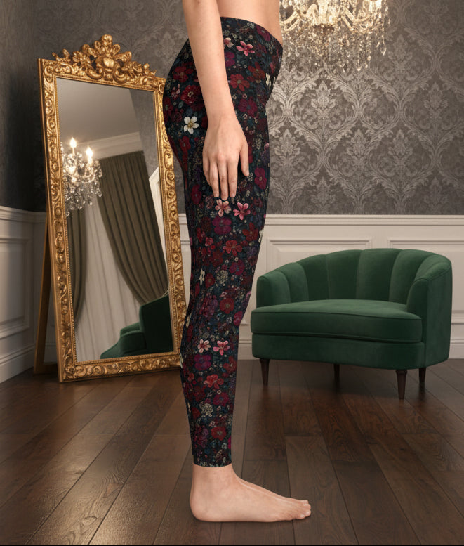 Floral patterned leggings worn by a person in a dressing room