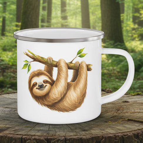 Enamel Camping Mug – Cute Sloth Hanging on Branch | Funny Outdoor Coffee Cup
