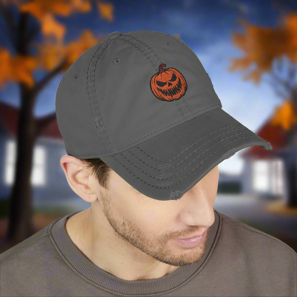 Spooky Pumpkin Embroidered Distressed Cap