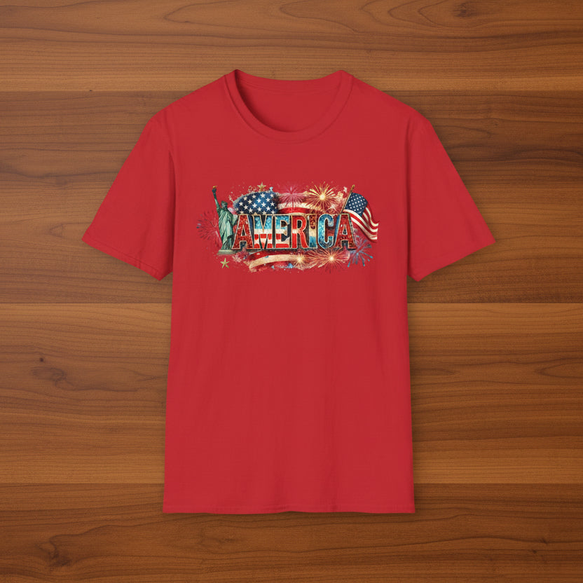 America T-Shirt — USA Flag, Fireworks & Statue of Liberty Design