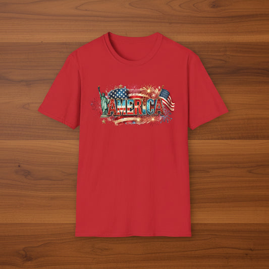 America T-Shirt — USA Flag, Fireworks & Statue of Liberty Design
