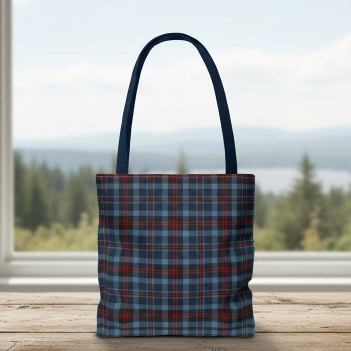 Highland Hearth Blue Plaid Tote Bag | Navy or Black Handle
