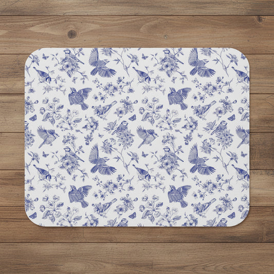 Blue Toile Bird Mouse Pad