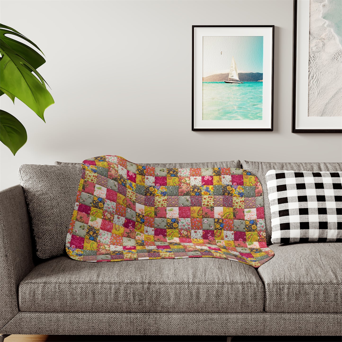 Floral Patchwork Sherpa Blanket