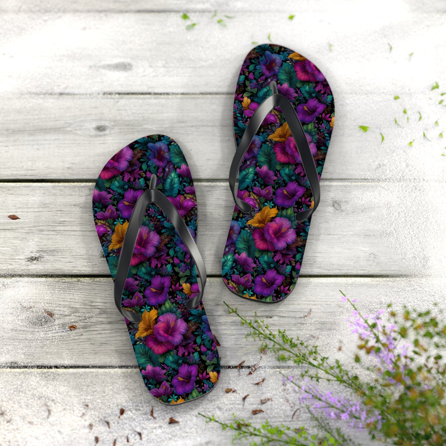 Floral Paradise Flip Flops — Vibrant Purple Hibiscus Beach Sandals