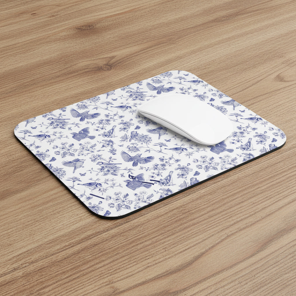Blue Toile Bird Mouse Pad
