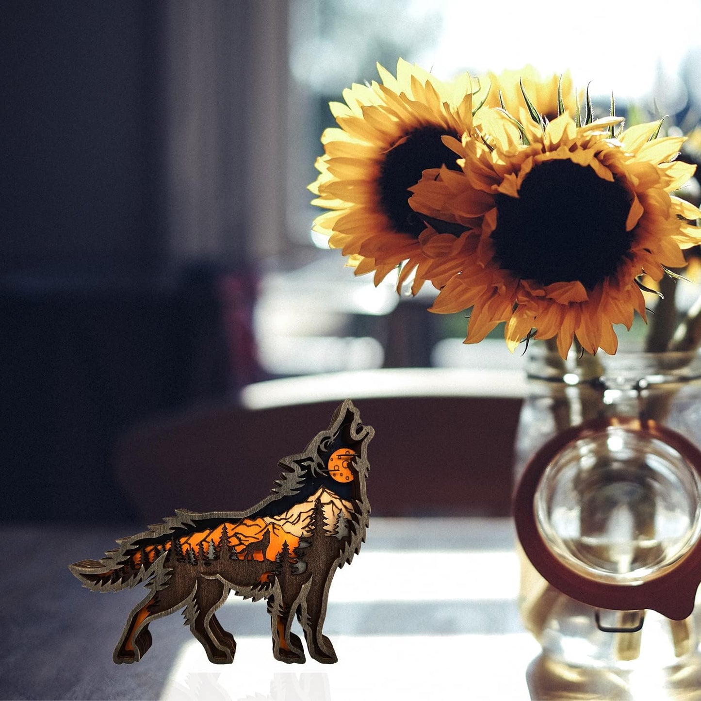 Wooden Wolf Forest Shelf Decor – Layered 3D Hand-Carved Ornament