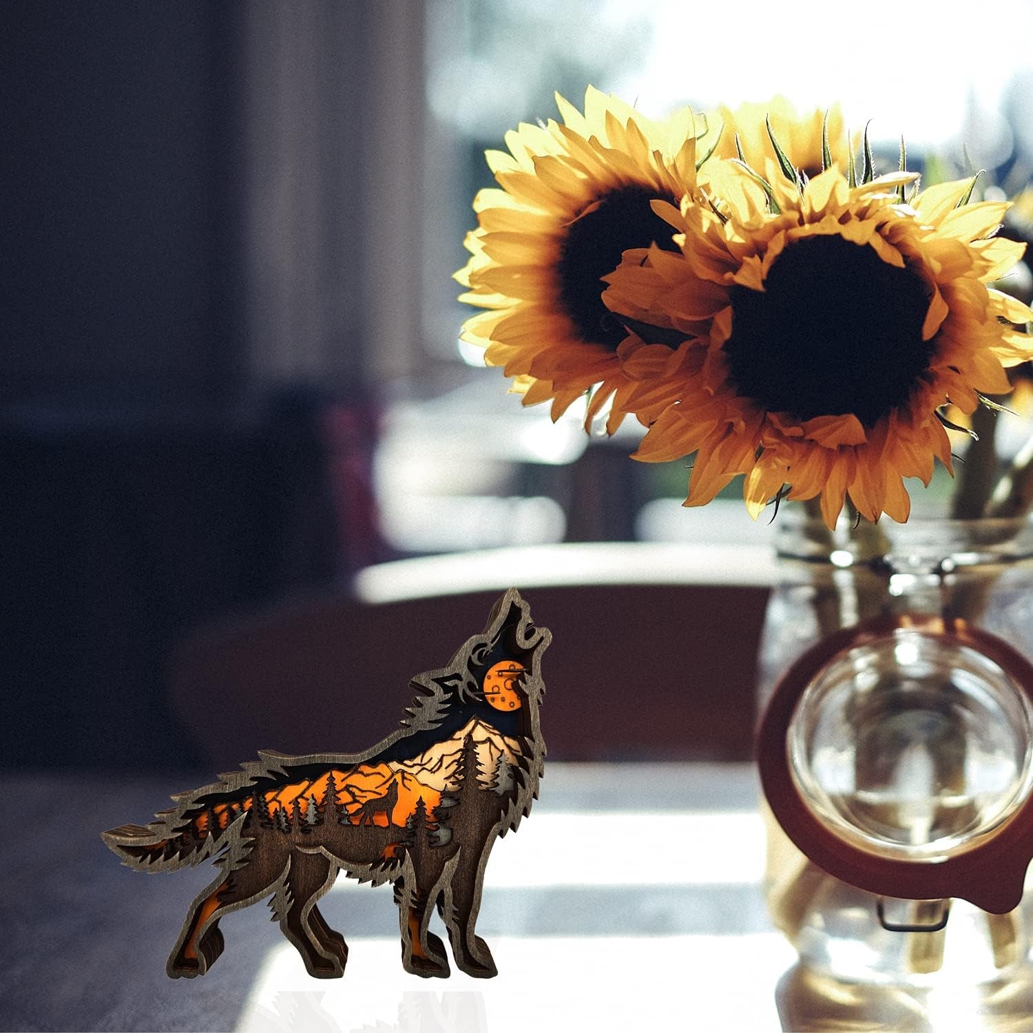 Wooden Wolf Forest Shelf Decor – Layered 3D Hand-Carved Ornament