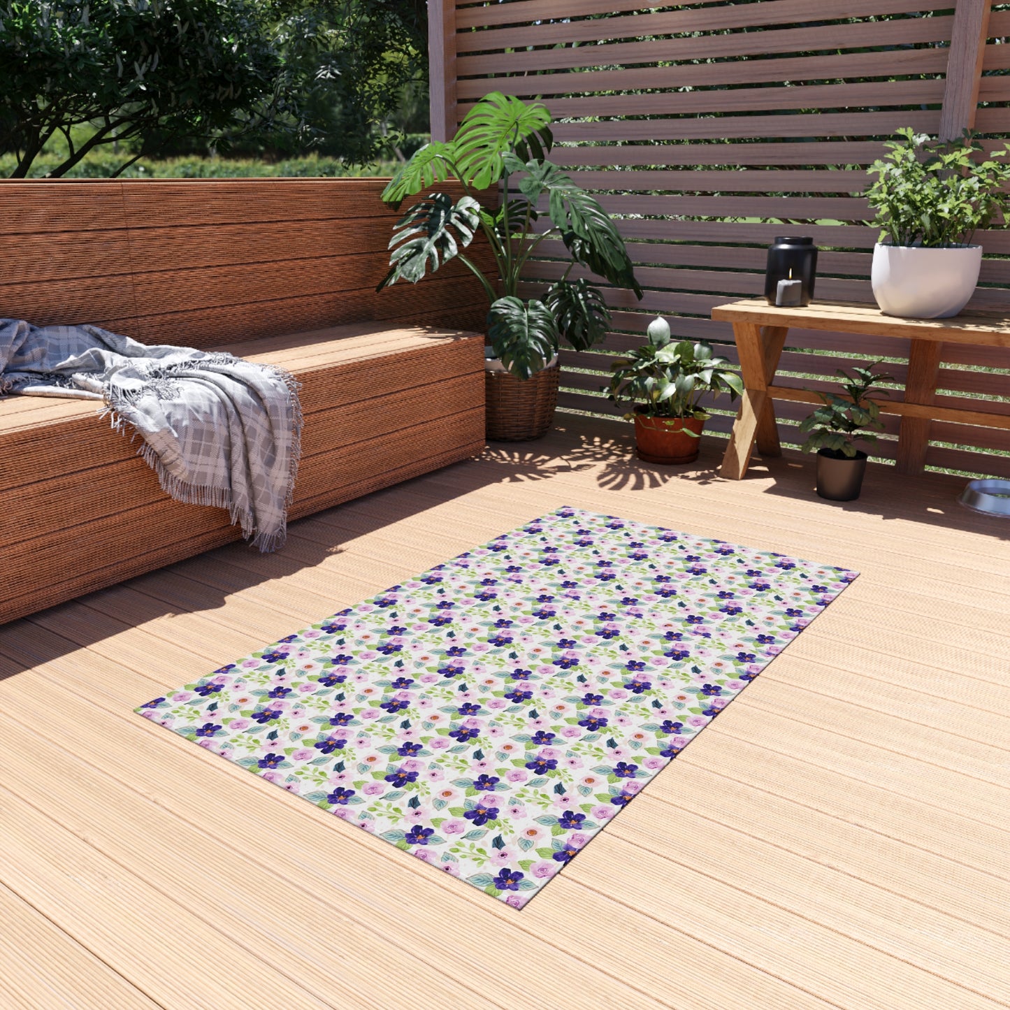 Floral Pansy Outdoor Rug — Purple Garden Patio Mat