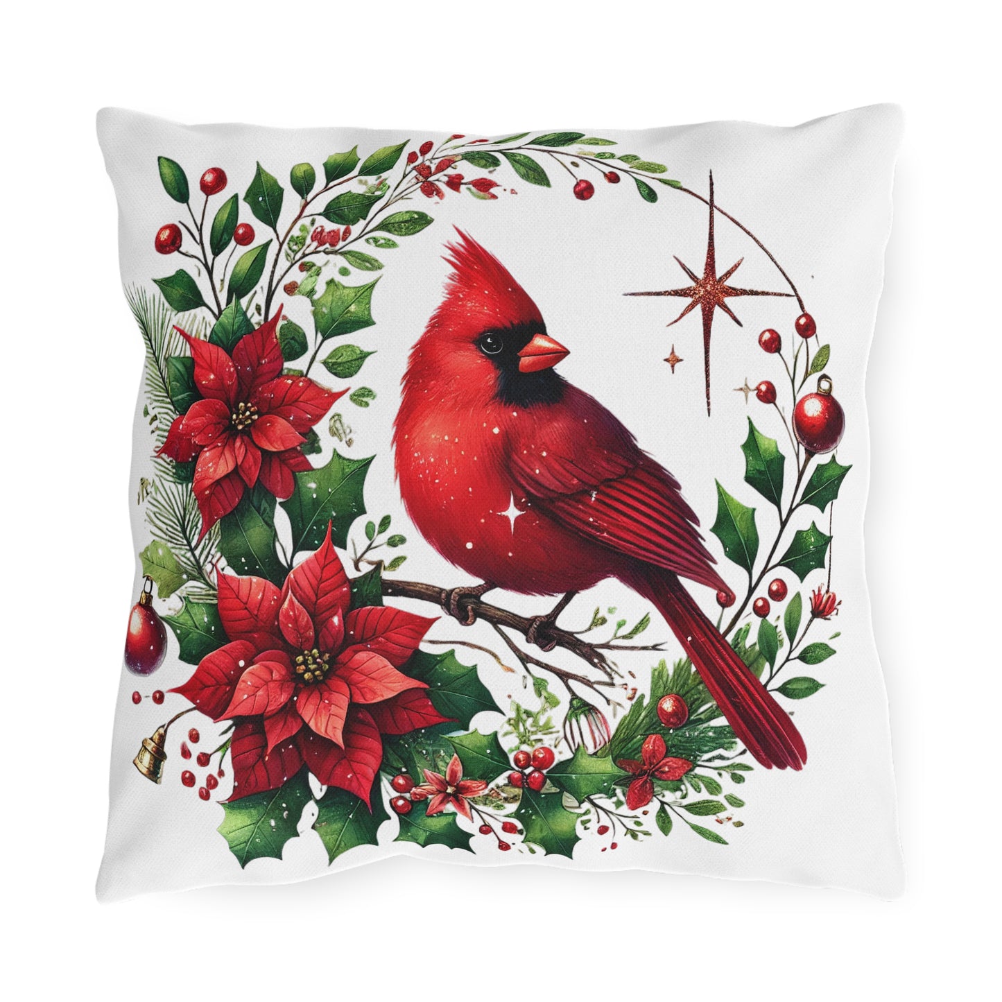 Cardinal & Poinsettia Outdoor Pillow
