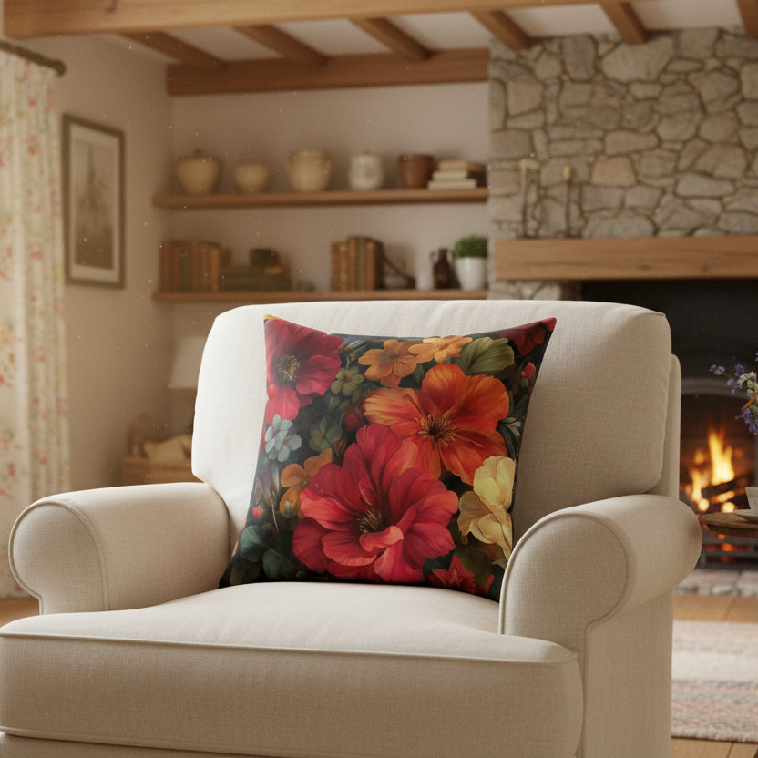 Dark Floral Faux Suede Pillow