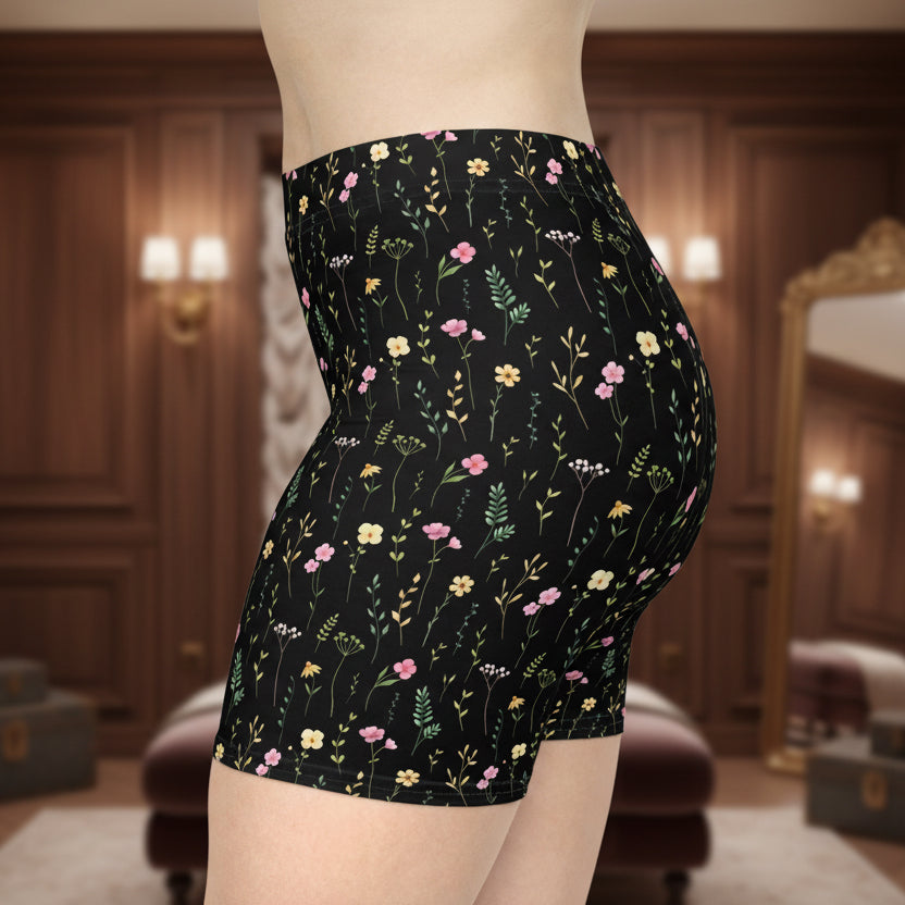 Floral Meadow Spandex Shorts — Black Wildflower Print