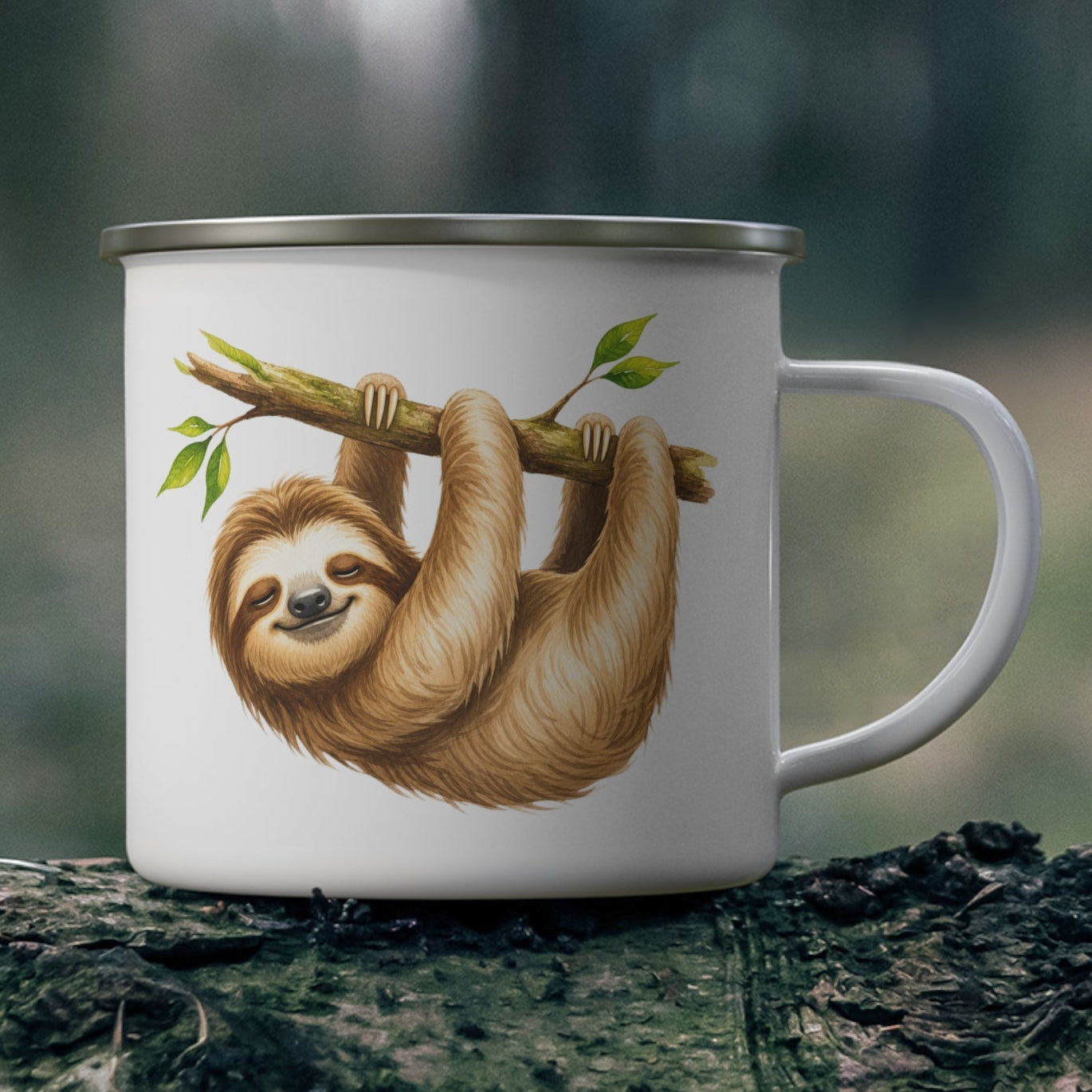 Enamel Camping Mug – Cute Sloth Hanging on Branch | Funny Outdoor Coffee Cup