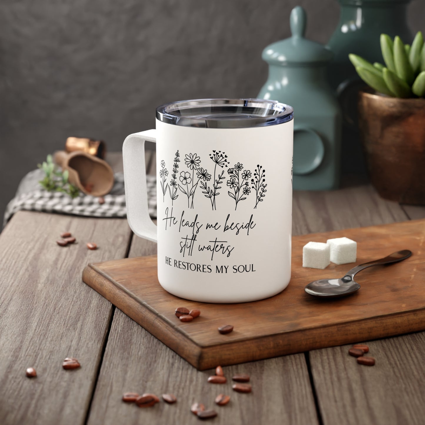 He Restores My Soul 10oz Insulated Coffee Mug | Floral Scripture Travel Tumbler