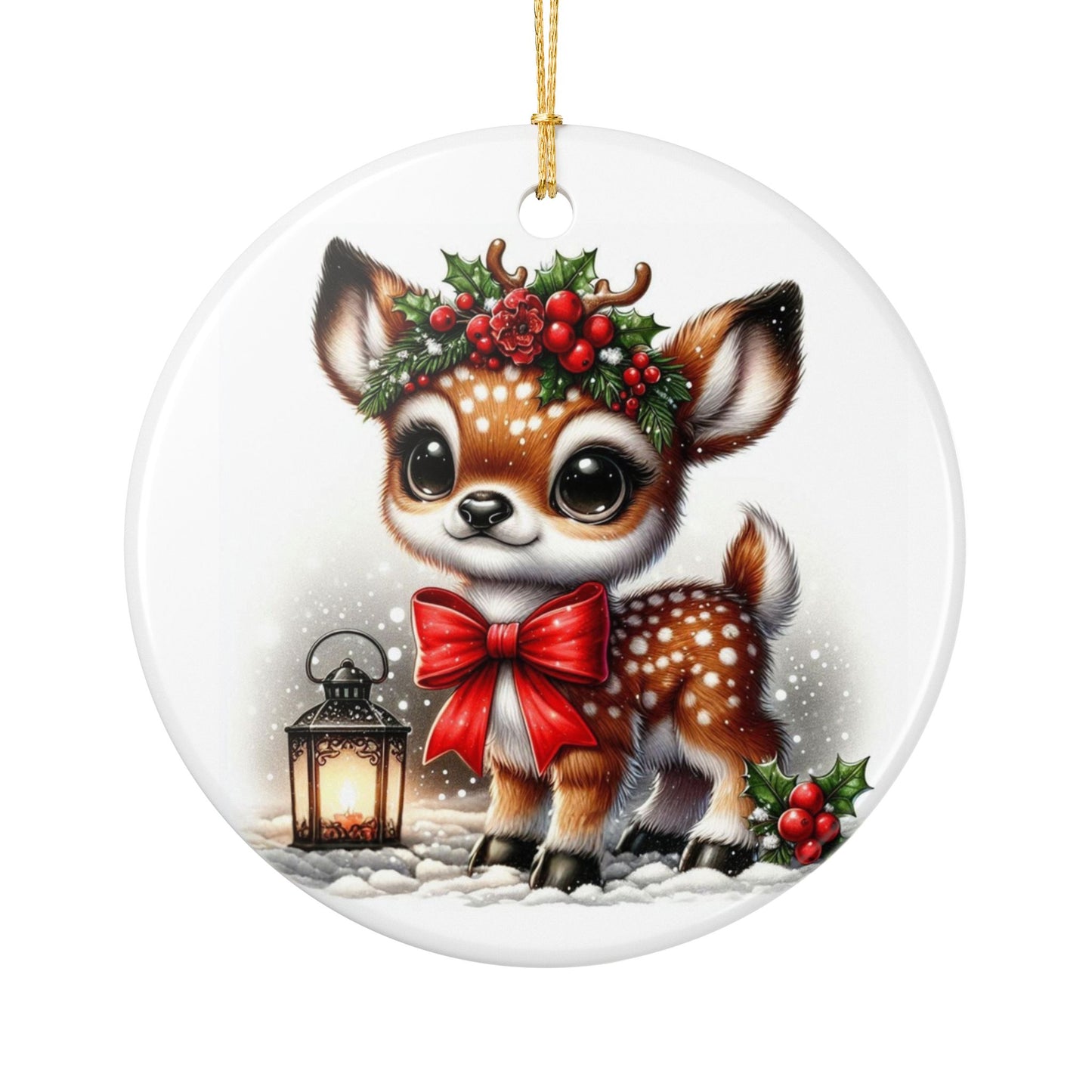 Hollyberry Fawn Ceramic Christmas Ornament