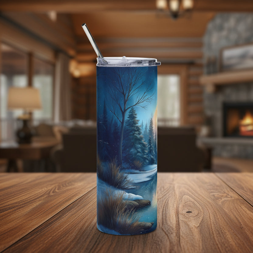Tumbler with a nature-themed design of a forest and lake on a cabin background