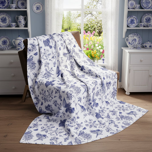 Floral Bluebird Toile Arctic Fleece Blanket