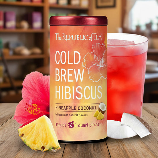 The Republic of Tea Cold Brew Hibiscus Pineapple Coconut Iced Tea, 6 Ct | Herbal Tea, Caffeine Free, Cold Brew Hibiscus with Tropical Pineapple and Coconut Notes