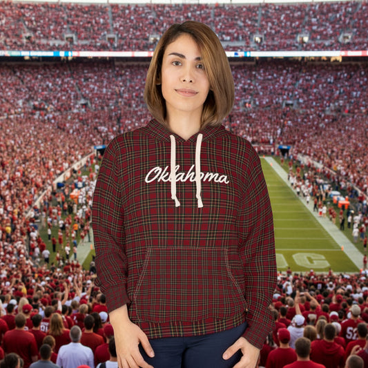 Oklahoma Plaid Hoodie — Red Tartan State Script Pullover