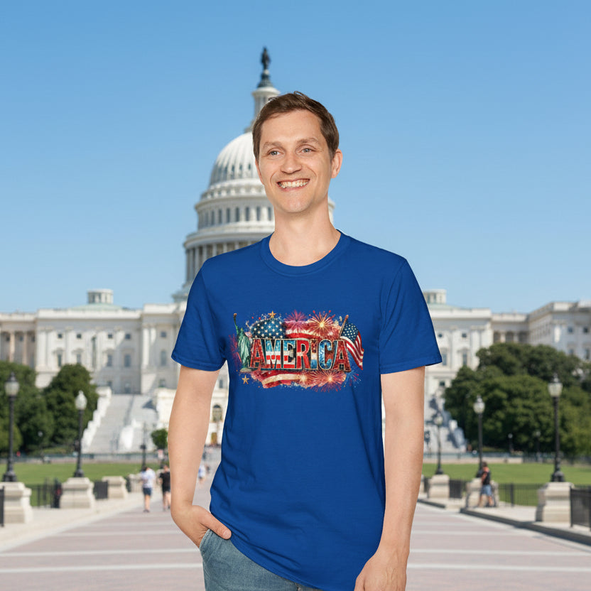 America T-Shirt — USA Flag, Fireworks & Statue of Liberty Design