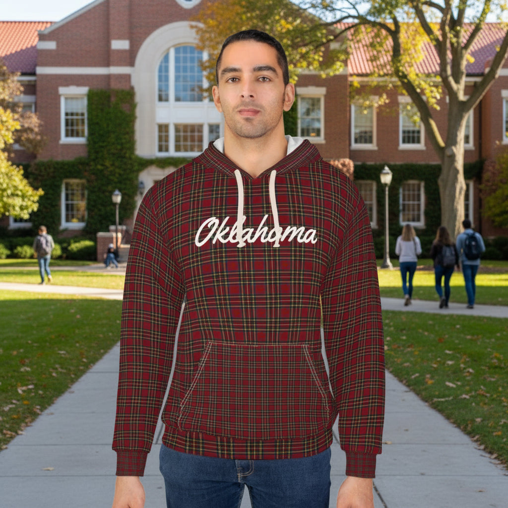 Oklahoma Plaid Hoodie — Red Tartan State Script Pullover