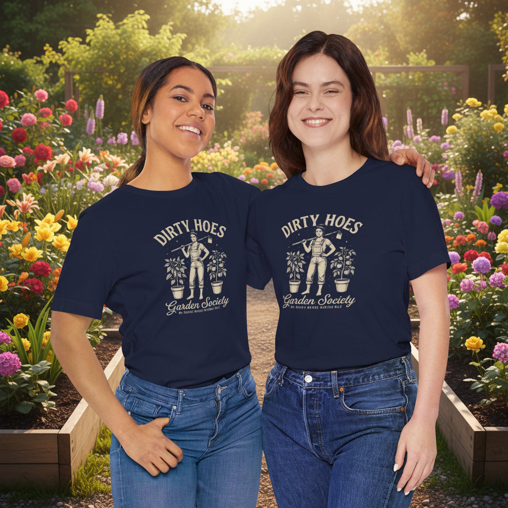 Two people wearing black t-shirts with a graphic design and text.