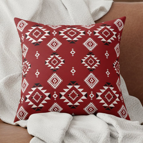 Crimson Tribal Motif Faux Suede Pillow