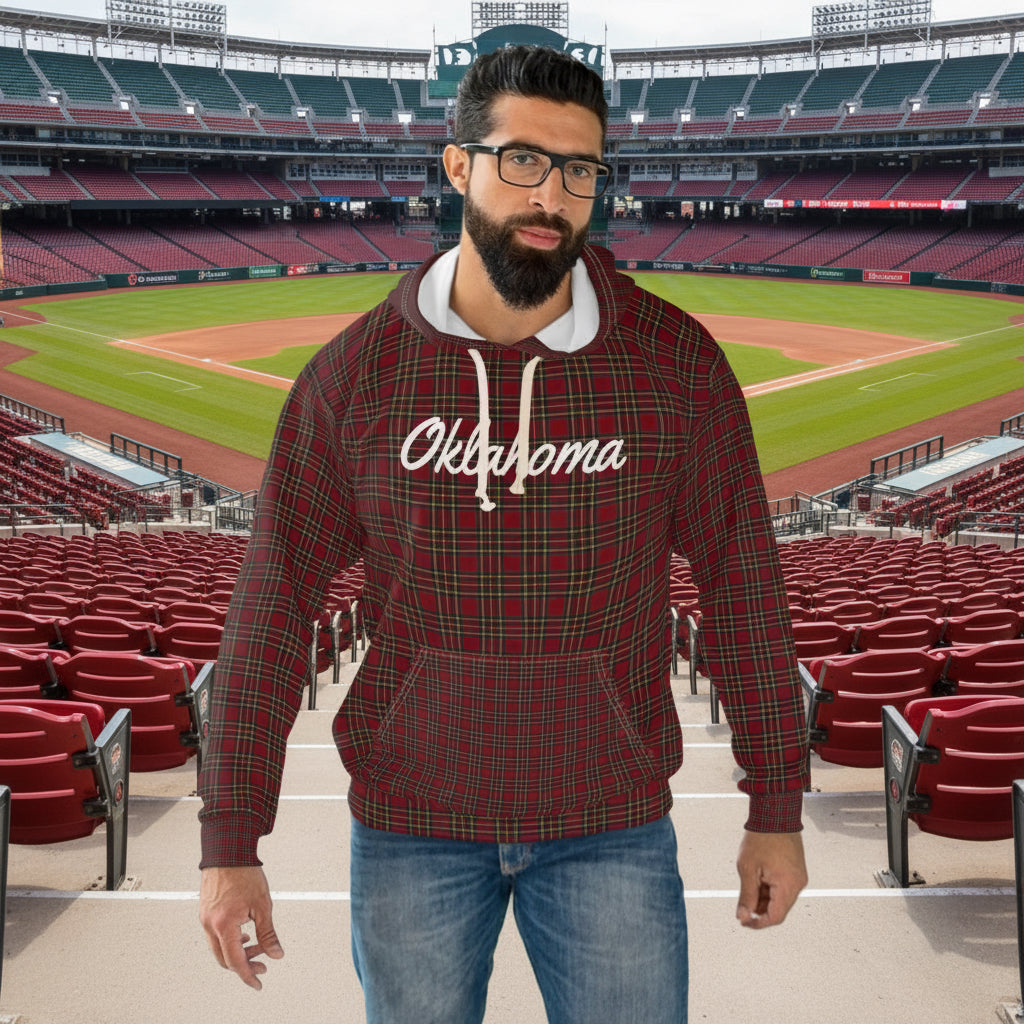 Oklahoma Plaid Hoodie — Red Tartan State Script Pullover