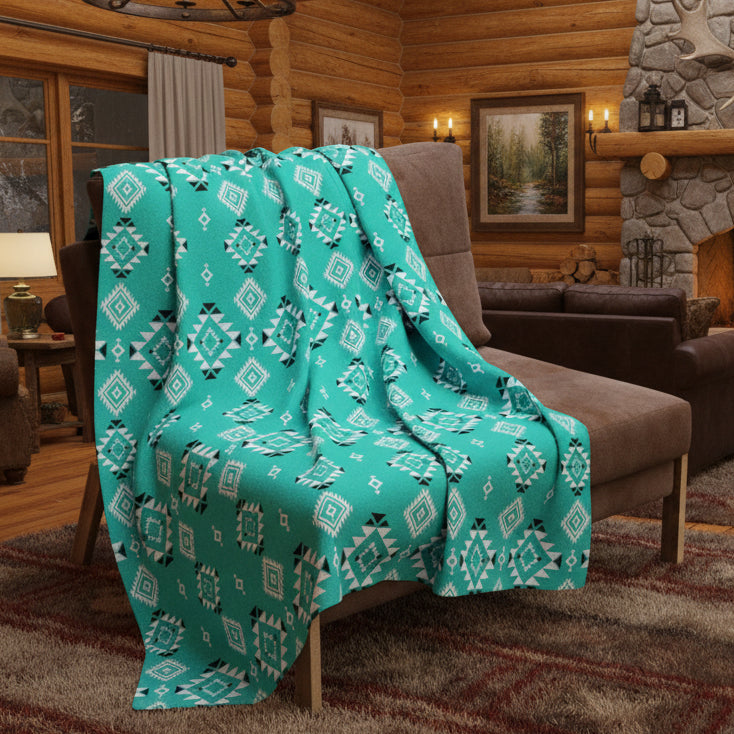 Turquoise Tribal Motif Arctic Fleece Blanket