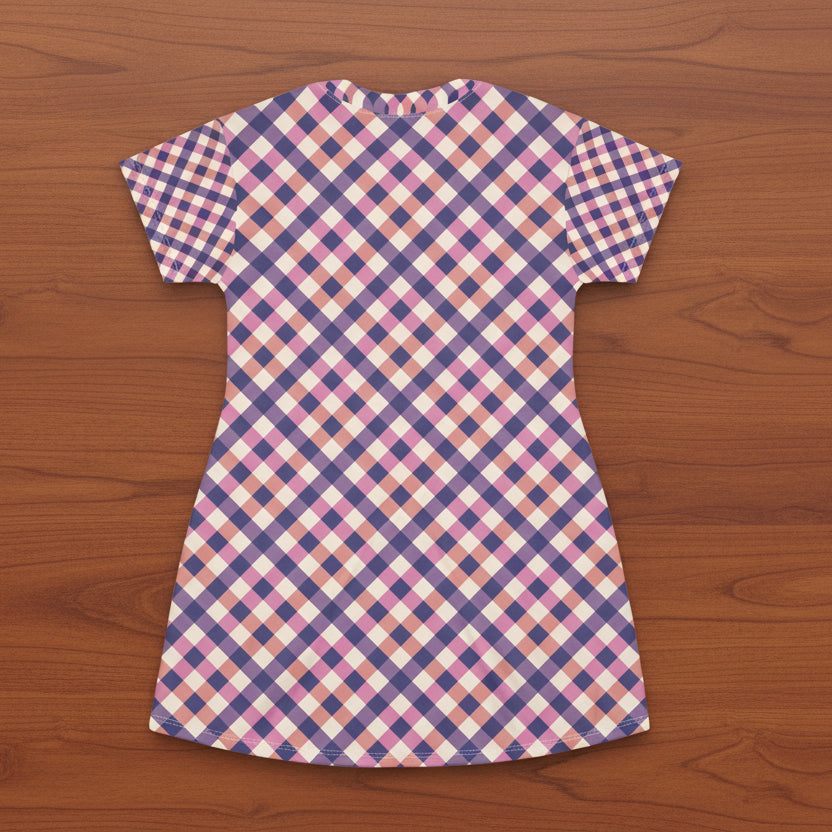 Plaid T-Shirt Dress — Pink & Purple Checked All-Over Print
