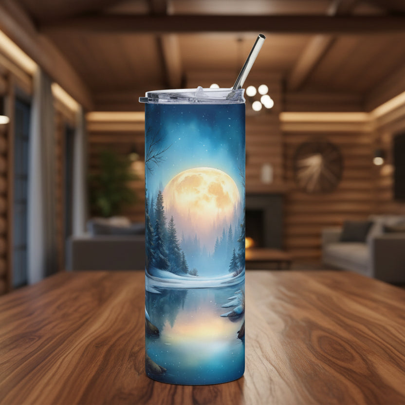 Tumbler with a moonlit forest design on wood table