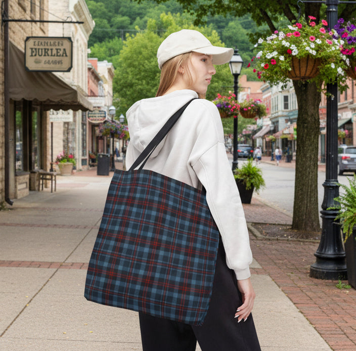 Highland Hearth Blue Plaid Tote Bag | Navy or Black Handle