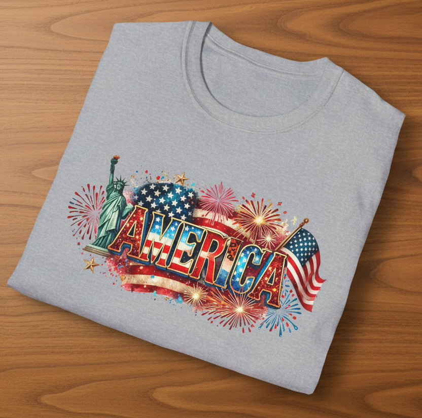 America T-Shirt — USA Flag, Fireworks & Statue of Liberty Design
