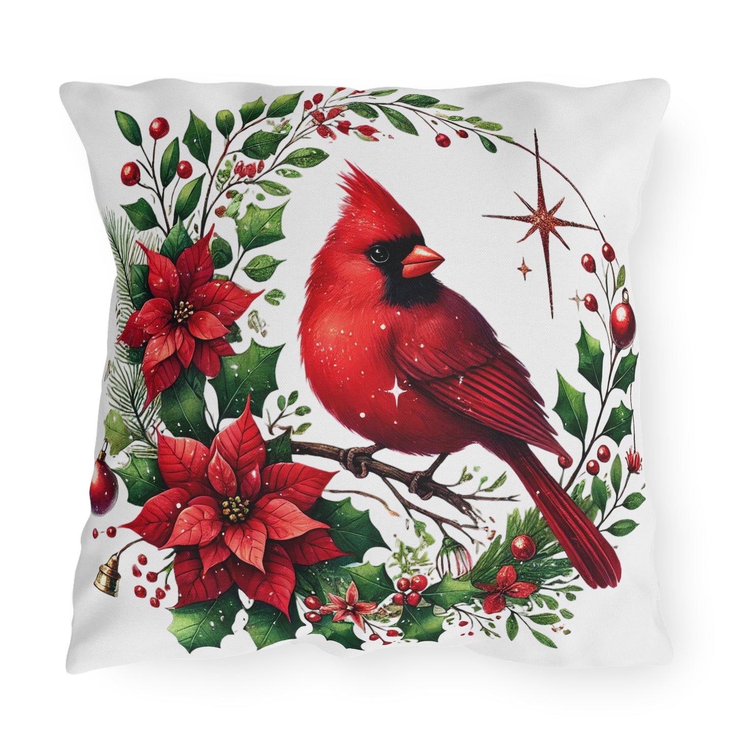 Cardinal & Poinsettia Outdoor Pillow