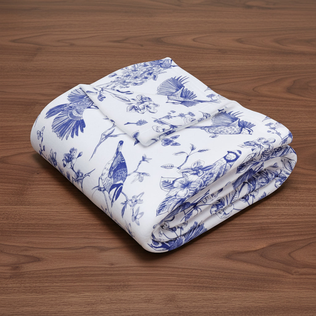 Floral Bluebird Toile Arctic Fleece Blanket