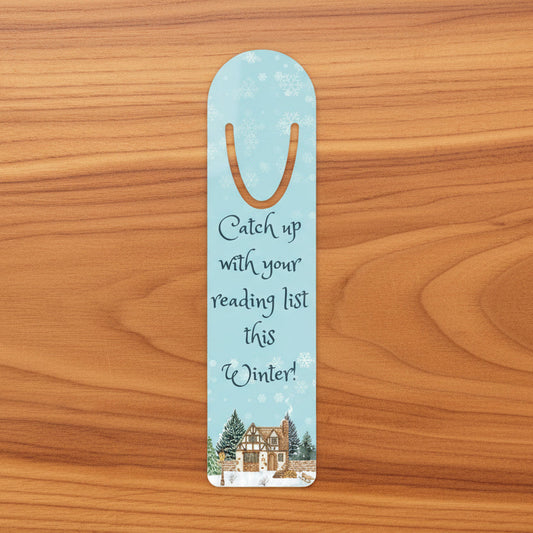 Winter Bookmark that reads "Catch up with your reading list this winter"