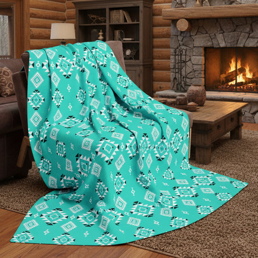 Turquoise Tribal Motif Arctic Fleece Blanket