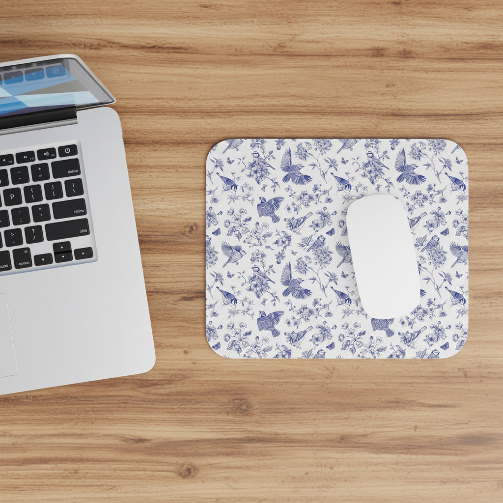 Blue Toile Bird Mouse Pad
