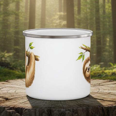 Enamel Camping Mug – Cute Sloth Hanging on Branch | Funny Outdoor Coffee Cup