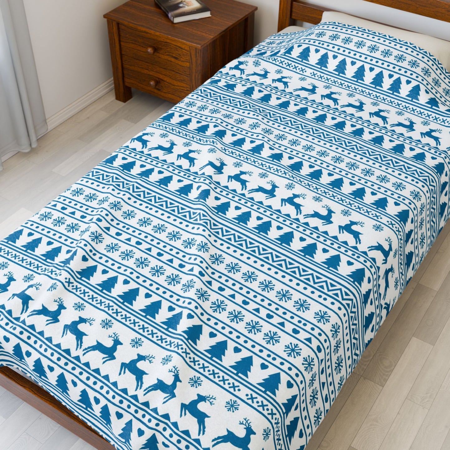Blue Nordic Reindeer Fair Isle Velveteen Throw