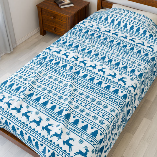 Blue Nordic Reindeer Fair Isle Velveteen Throw