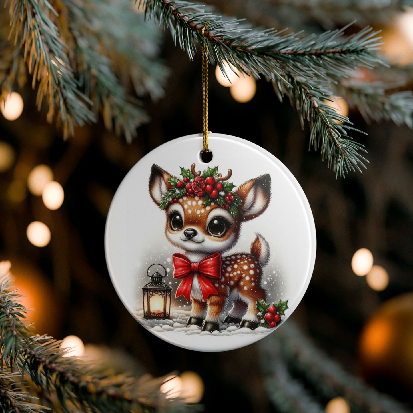 Hollyberry Fawn Ceramic Christmas Ornament