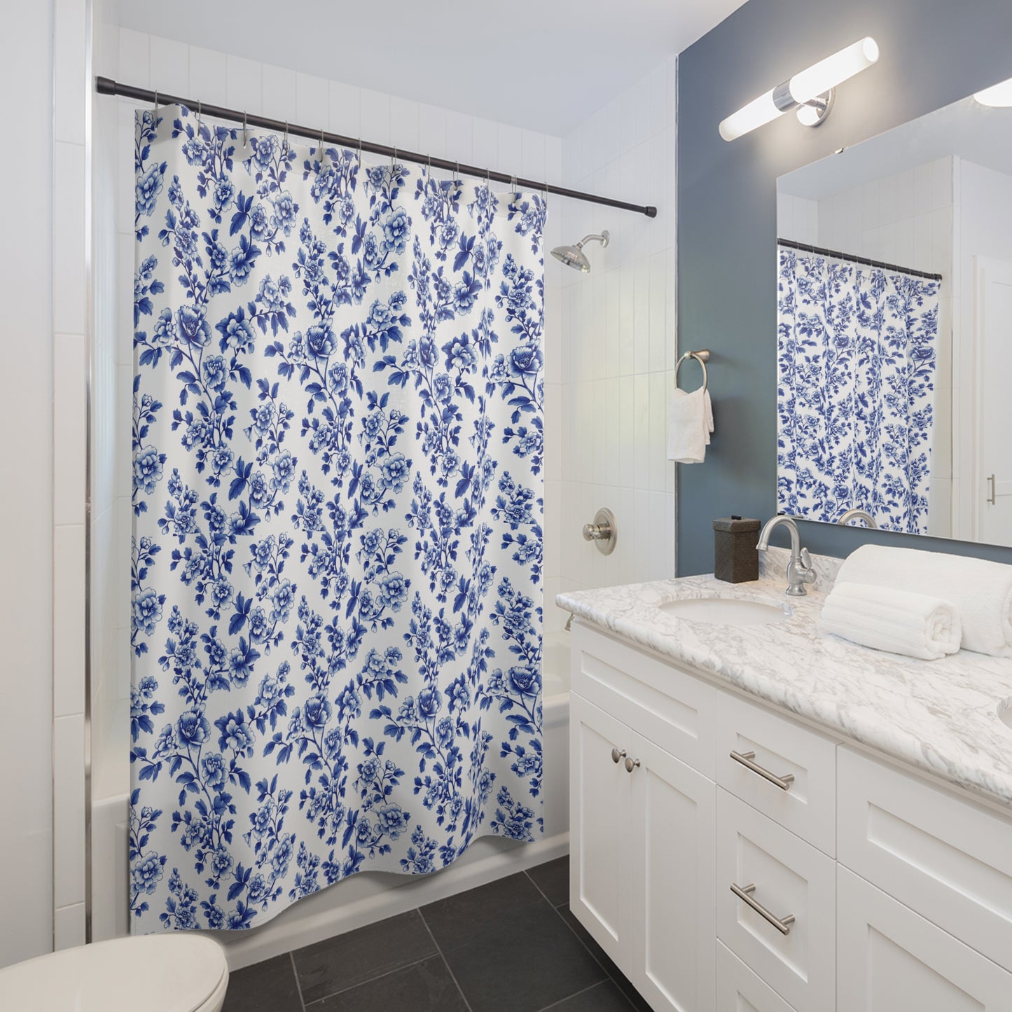 Blue Floral Toile Shower Curtain
