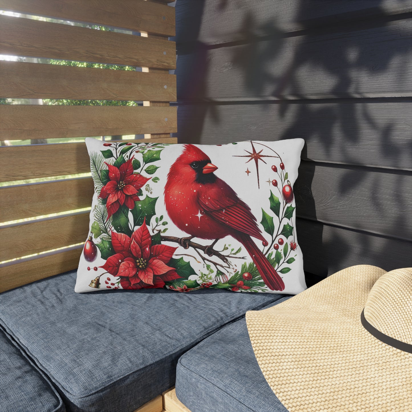 Cardinal & Poinsettia Outdoor Pillow