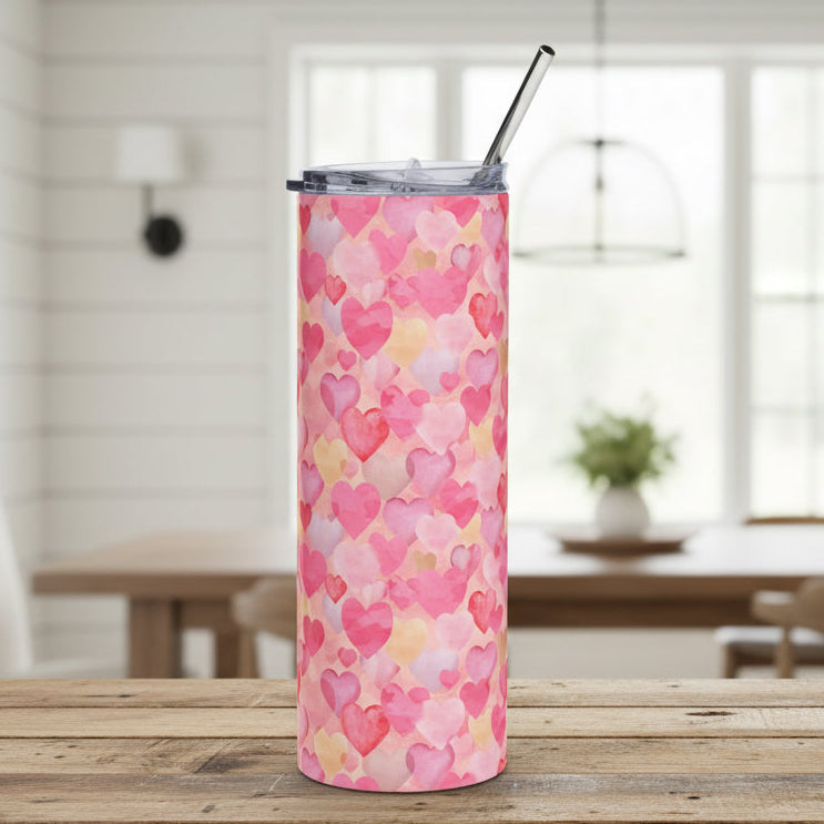 20oz Pink Watercolor Hearts Tumbler — Stainless Steel Insulated Travel Cup for Valentine’s Day