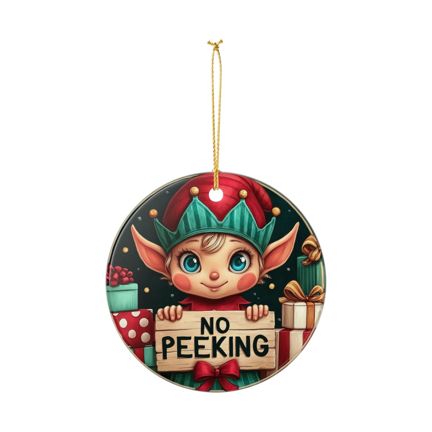 No Peeking Elf Ceramic Christmas Ornament