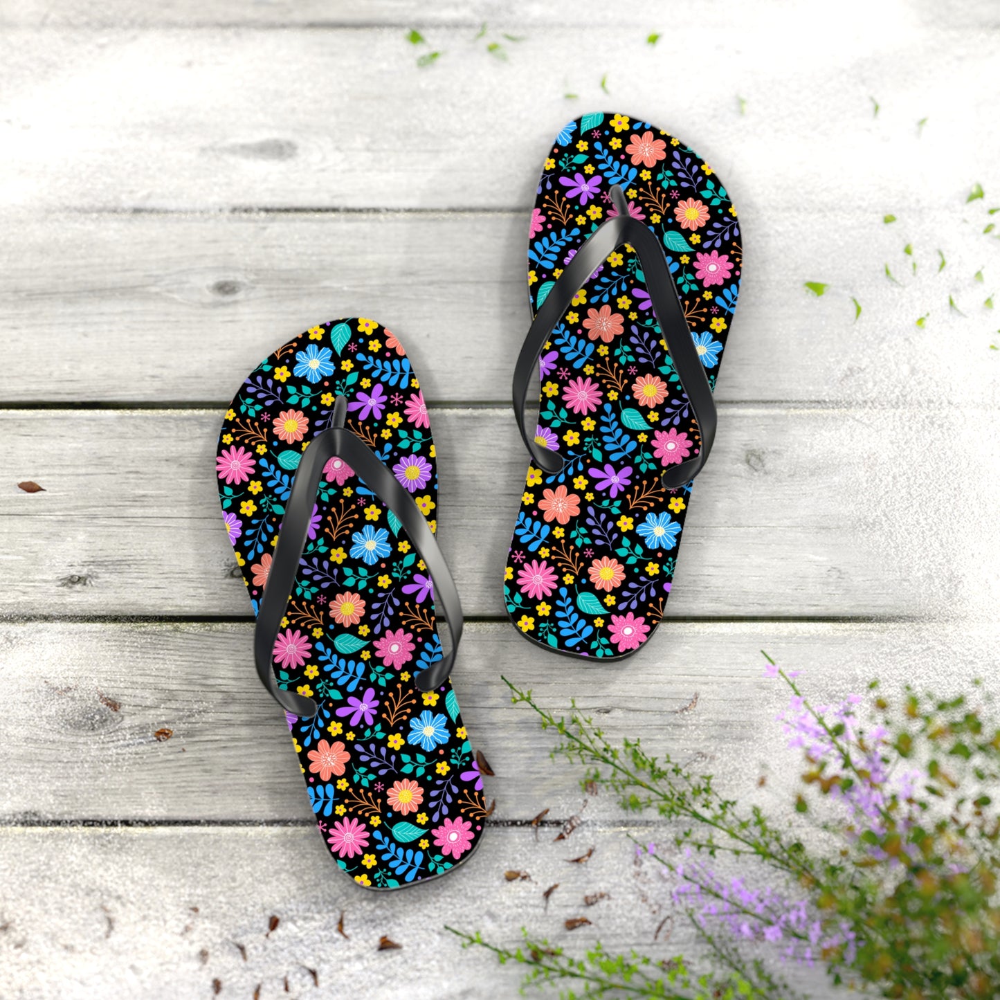 Floral Pattern Flip Flops — Bright Spring Garden Beach Sandals