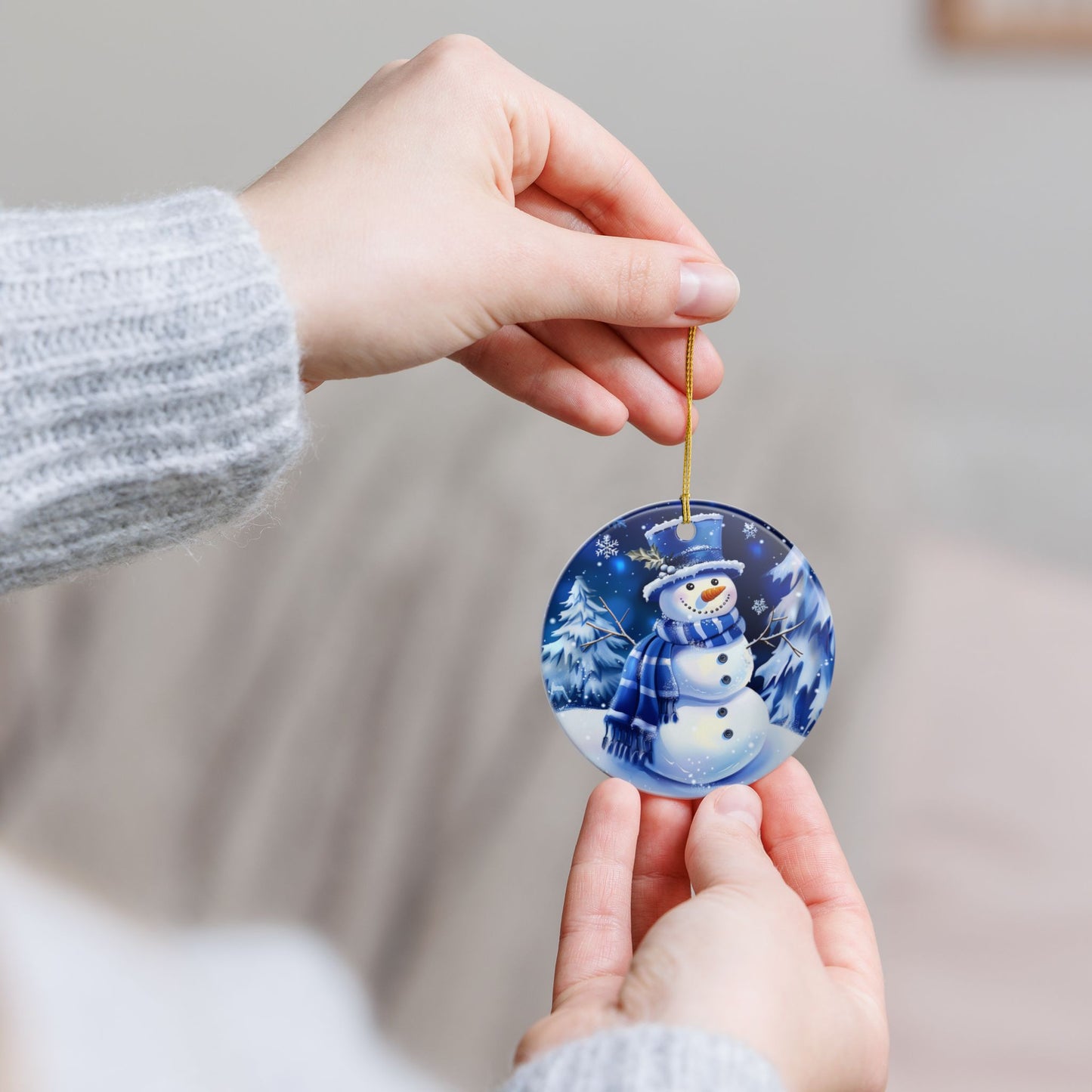 Blue Winter Snowman Ceramic Ornament