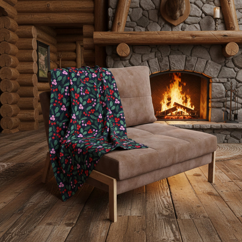 Festive Holly & Berries Fleece Blanket