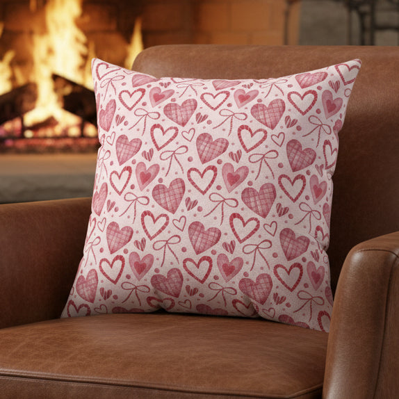 Pink Hearts & Ribbons Faux Suede Pillow
